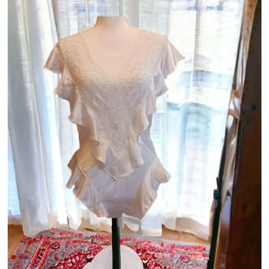 Vtg Lily Of France Sleepwear White Satin Romper Lace Deep V-Neck Ruffle Blue Med